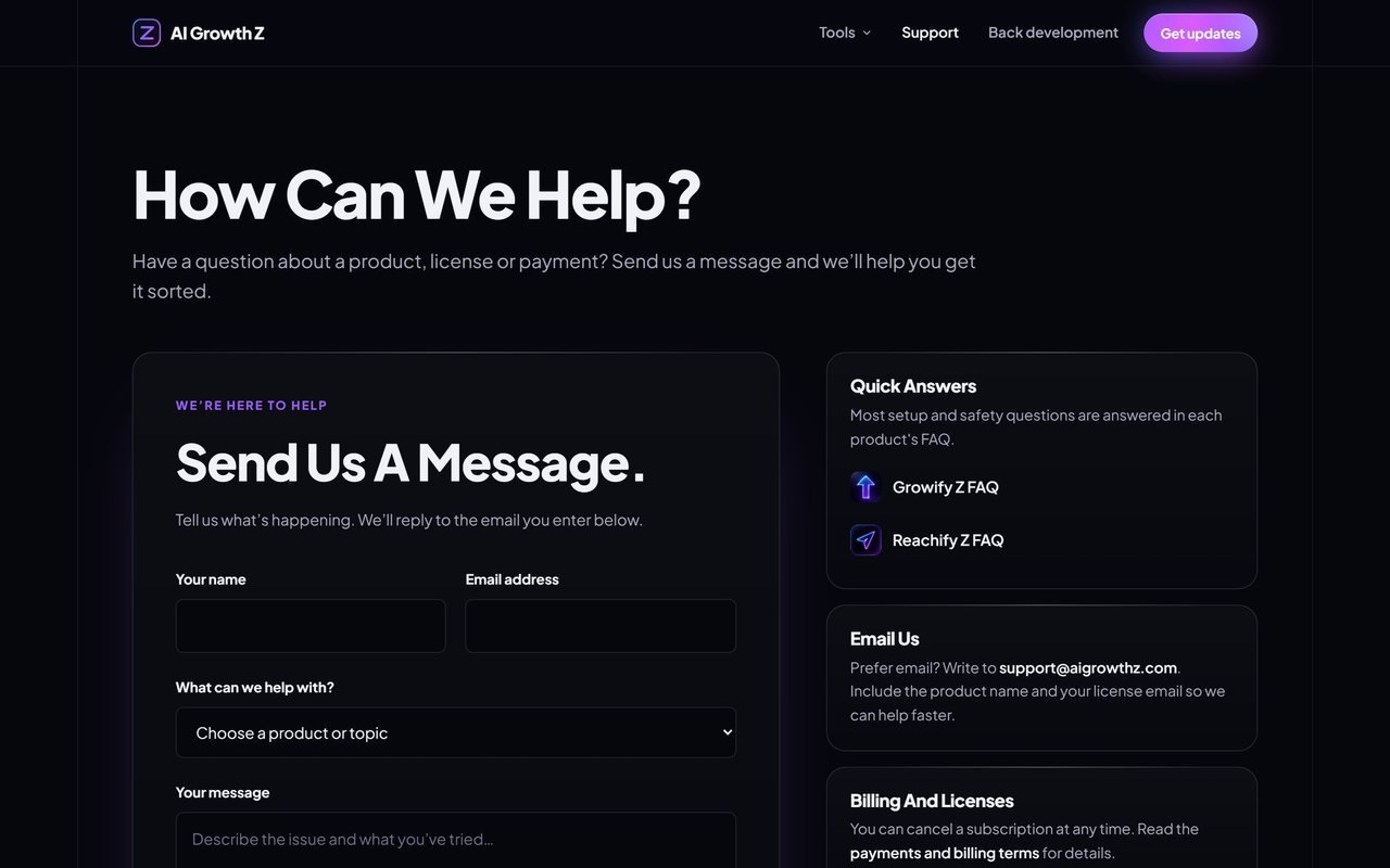 AI Growth Z support page