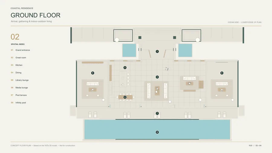 Coastal Residence concept floor plan: Ground Floor. Grand entrance, great room, kitchen, dining, library and media lounges, pool terrace and infinity pool