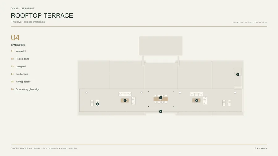 Coastal Residence concept floor plan: Rooftop Terrace. Two lounges, pergola dining, sun loungers, roof access and the ocean-facing glass edge