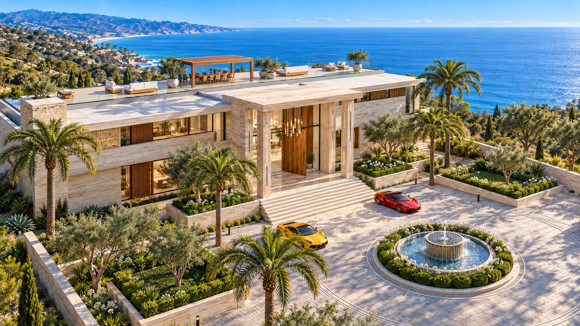 AI render: Aerial view of the gated motor court, fountain and entrance with a red and a yellow supercar